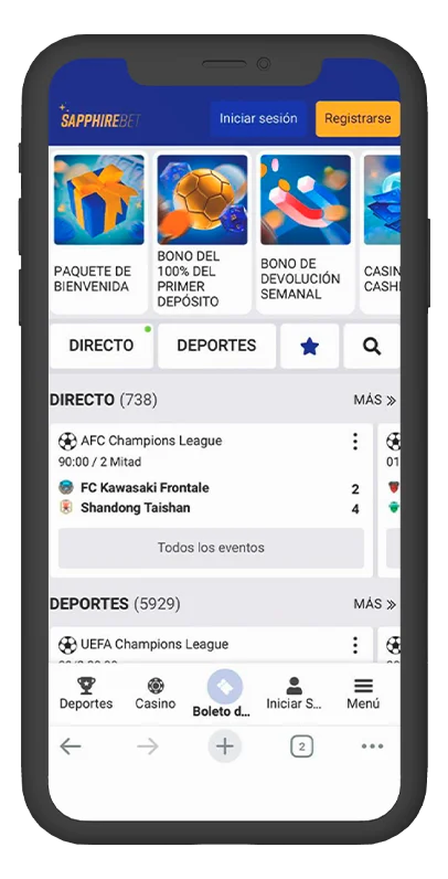 Interfaz de la aplicación móvil de Sapphirebet